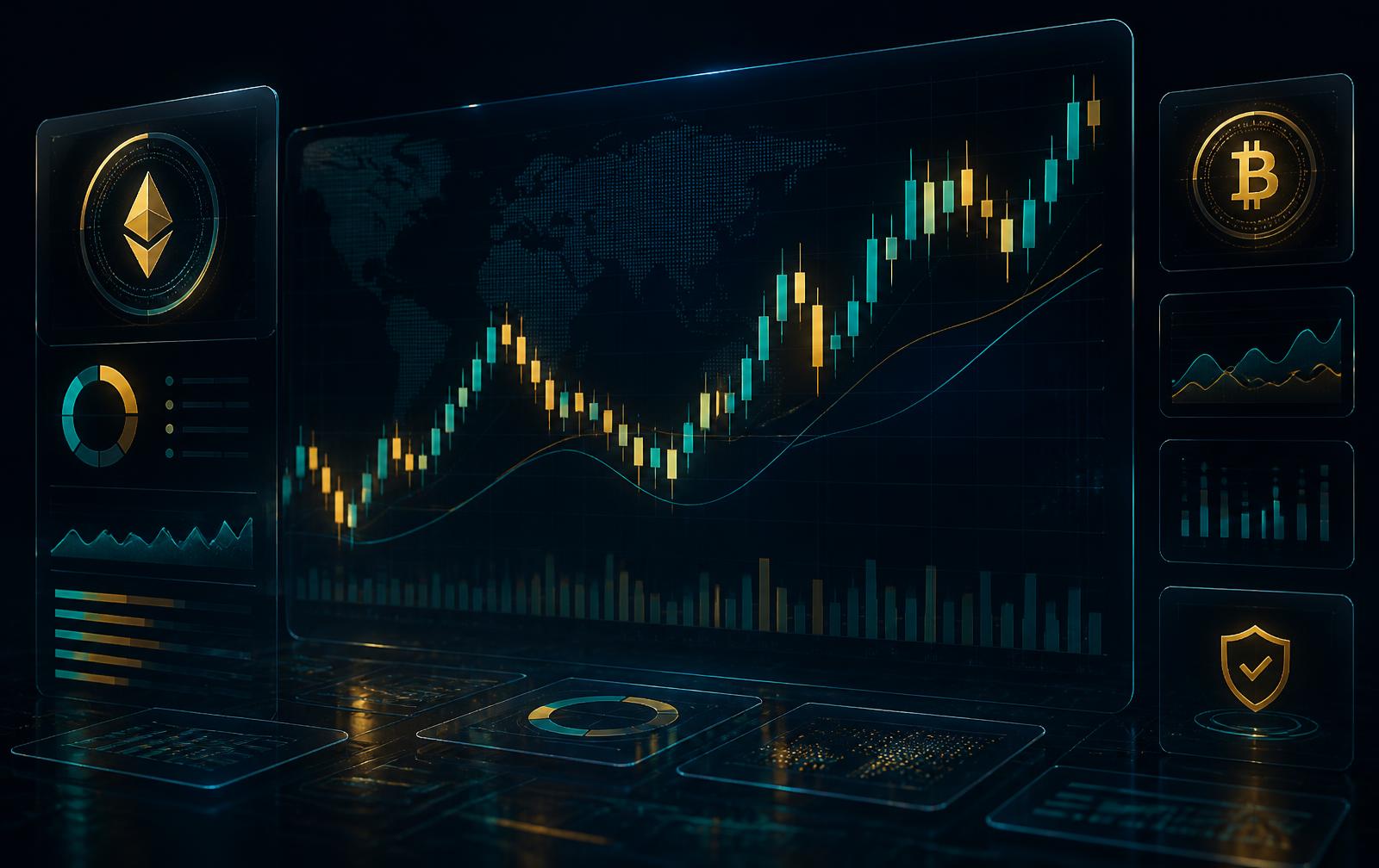 لوحة تحليلات لأسعار العملات الرقمية بتصميم داكن